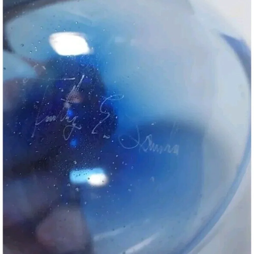 Signed Timothy E Landers Fine Art Glass Blue Ombre Paneled Christmas Ornament